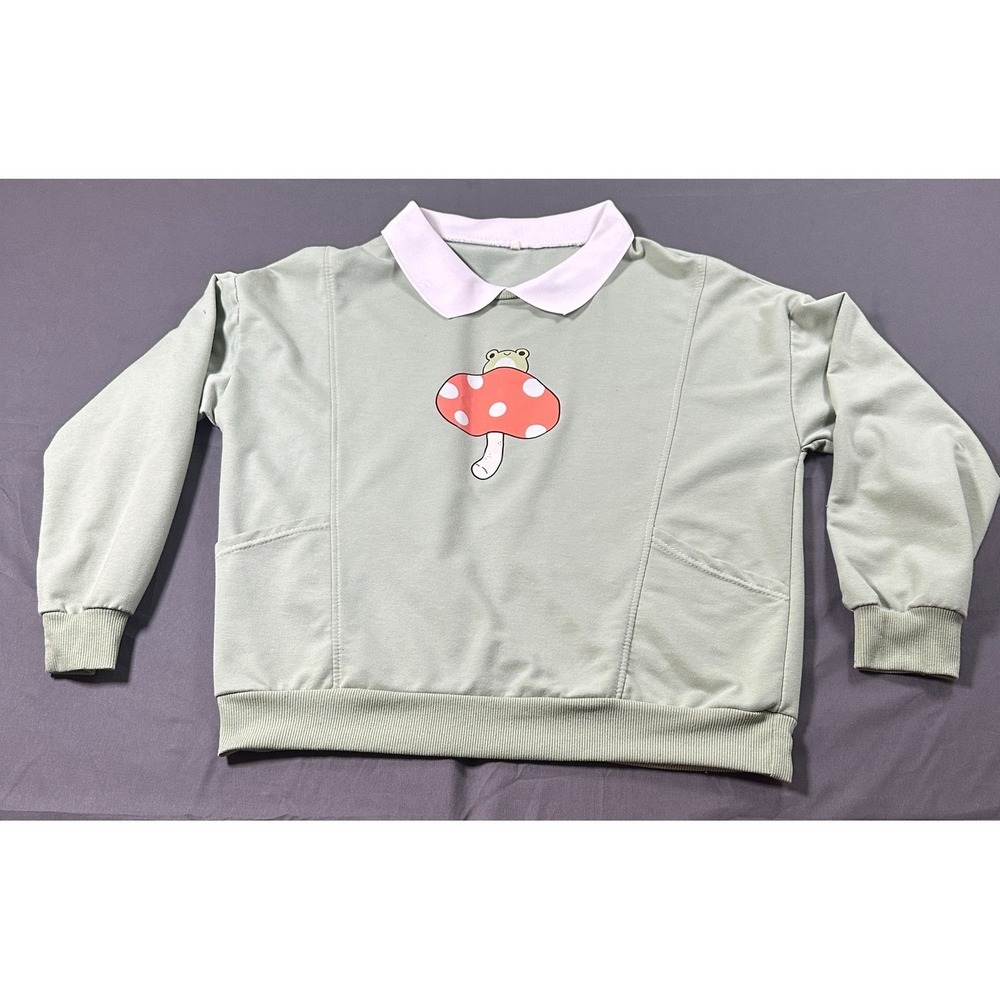 KIEKIECOO Sage Green Frog Mushroom Cottagecore Sweatshirt White Collar Womens- M